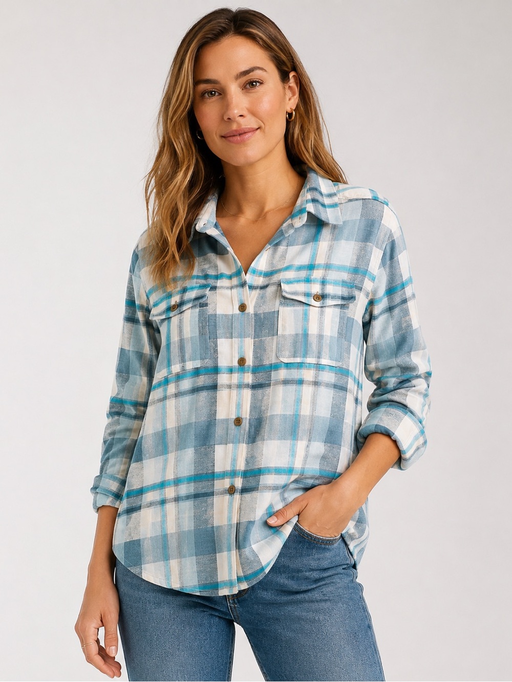 New  SPELL Maverick Flannel Shirt in the Turquoise/Ocean colorway XS